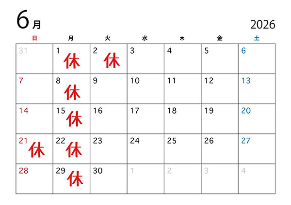 for's hair 2026年6月の定休日